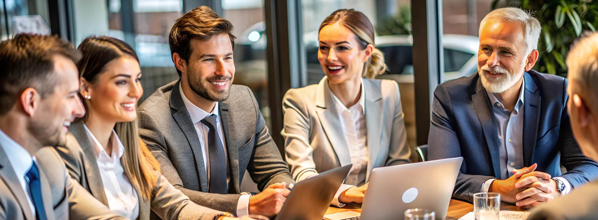 Smiling business team seated around a table with laptops