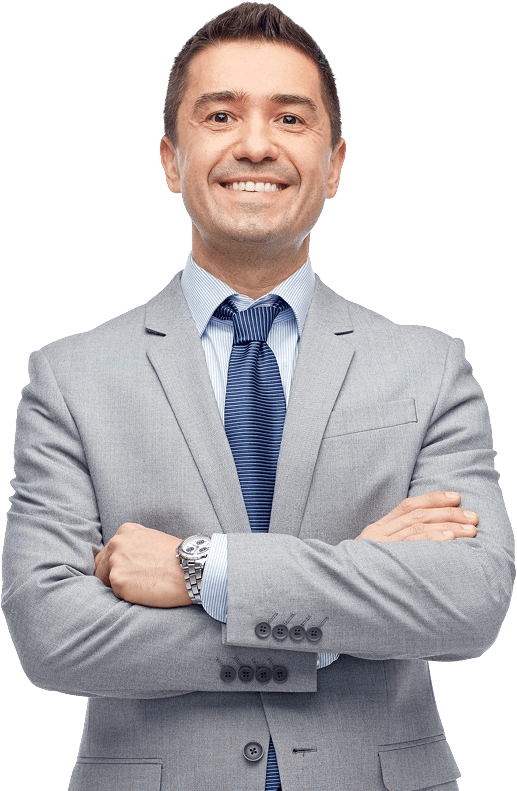Smiling man in a grey suit with arms crossed